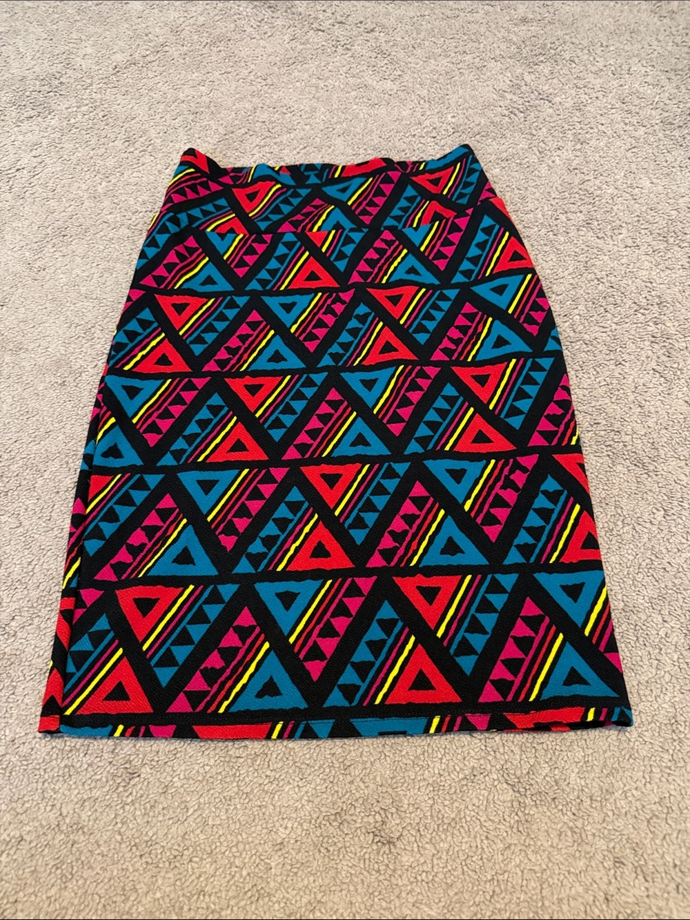 LuLaRoe Black Pencil Skirt with Blue, Pink, Red & Yellow Geometric Print